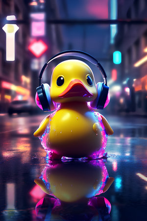 Duck with headphones on the city street. 3d illustration.の素材