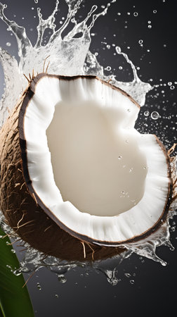 Coconut with water splash, isolated on black background. 3d illustrationの素材