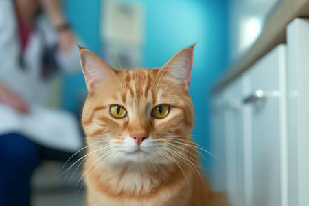 Portrait of a red cat with a veterinarian on the background.の素材