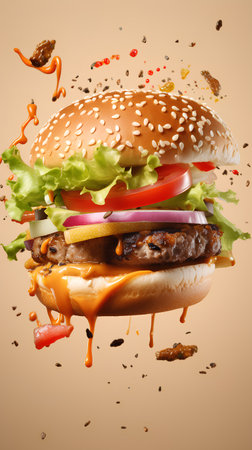 Big hamburger with flying ingredients, isolated on beige background.の素材