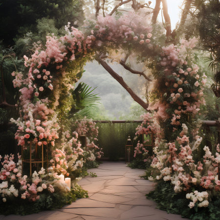 Wedding arch decorated with flowers in garden,3d renderの素材