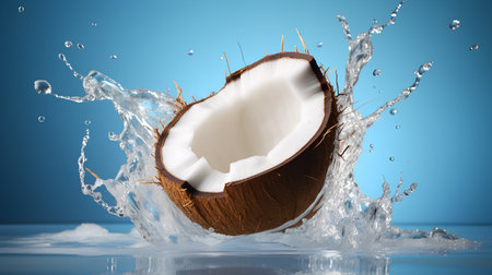Coconut with water splash on blue background. 3d renderingの素材