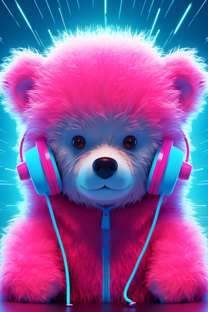 Pink teddy bear listening to music with headphones. 3D renderingの素材