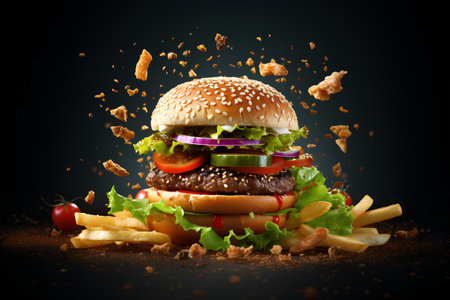 Burger with flying ingredients isolated on black background. Fast food conceptの素材
