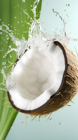 Coconut with water splash on a green background. 3d renderingの素材