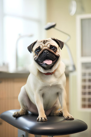 Portrait of cute pug dog sitting on chair in veterinary clinicの素材