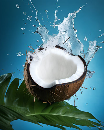 Coconut splashing into water on a blue background. 3d renderingの素材