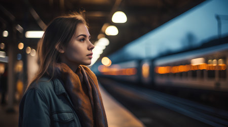 Portrait of a beautiful girl at the train station in the eveningの素材