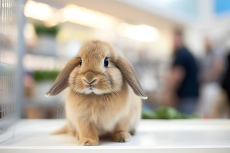 Cute rabbit sitting on shelf in pet shop, shallow depth of fieldの素材