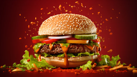 Big tasty hamburger with flying ingredients, isolated on red background.の素材