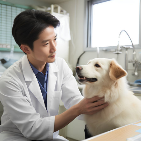 Asian veterinarian examining a dog in a veterinary clinic. Animal care concept.の素材