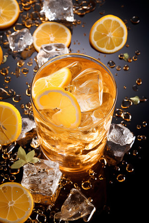 Glass of whiskey with ice cubes, lemon and mint on black backgroundの素材