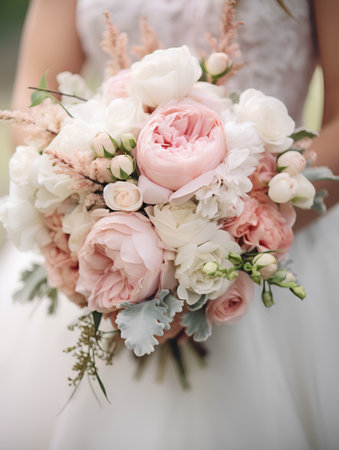 Wedding bouquet of different flowers in the hands of the brideの素材