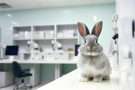 Rabbit sitting on a table in a veterinary clinic or pet shopの素材
