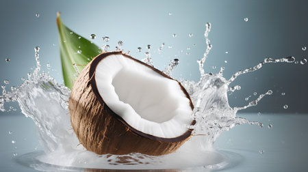 Coconut in water splash on blue background. 3d renderingの素材