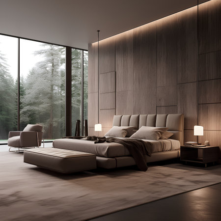 Luxury bedroom interior with wooden walls, carpeted floor, comfortable king size bed and armchair. 3d renderingの素材