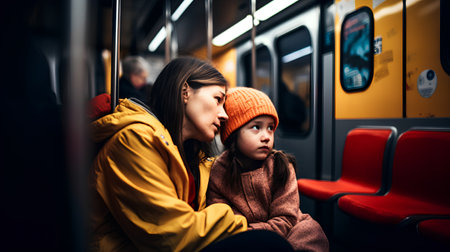 Mother and daughter in the subway. The concept of childhood and family travel.の素材