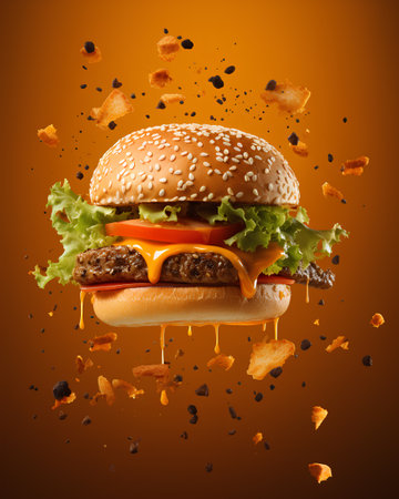 Hamburger with flying ingredients isolated on orange background. Fast food conceptの素材