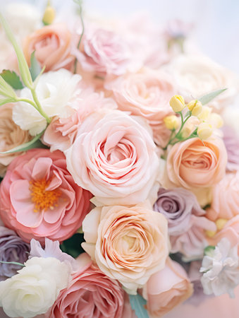 beautiful bouquet of different flowers in pastel colors closeupの素材