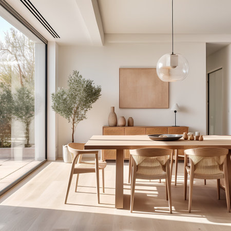 Interior of modern dining room with white walls, wooden floor, long wooden table with beige chairs and window with countryside view. 3d renderingの素材