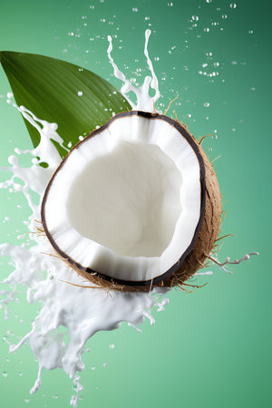 Coconut with milk splash on green background. 3d renderingの素材