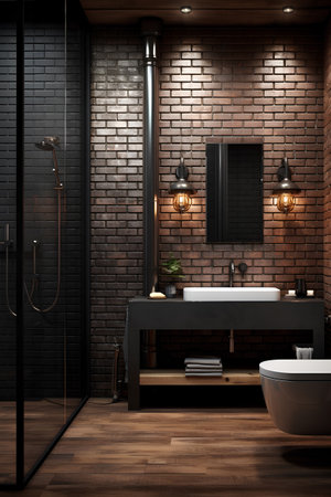 Bathroom interior with black brick walls, wooden floor, white bathtub and sink with two vertical mirrors. 3d renderingの素材
