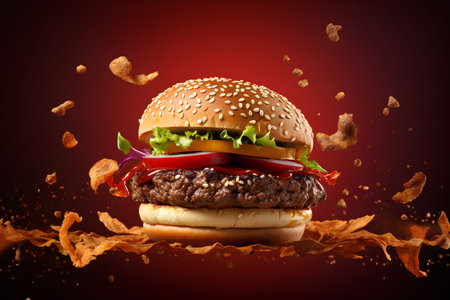Burger with flying ingredients isolated on red background. 3d renderingの素材