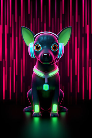 Cute little dog with headphones. 3d rendering. Neon background.の素材