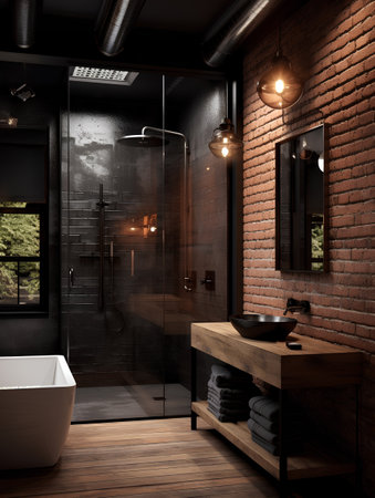 Bathroom interior with black brick walls, wooden floor, comfortable bathtub and black shower stall. 3d renderingの素材