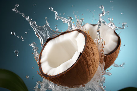 Coconut in water splash on blue background. 3d renderingの素材