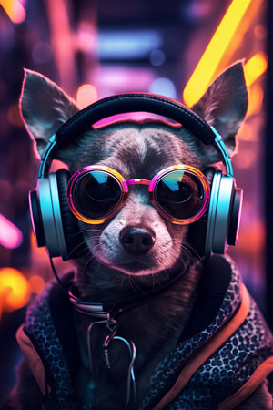 Cute chihuahua dog listening to music in headphones.の素材