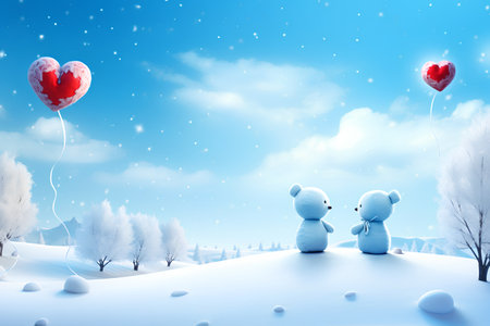 3D render of a couple of teddy bears in winter landscapeの素材