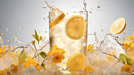 Glass of lemonade with ice cubes, lemon slices and flowers on gray backgroundの素材