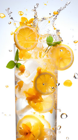 Fresh lemonade with ice cubes and splashes isolated on white backgroundの素材