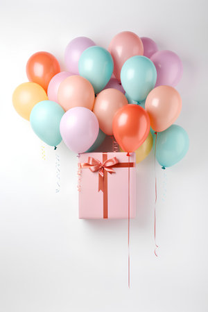 Gift box with colorful balloons isolated on white background. Vector illustration.の素材