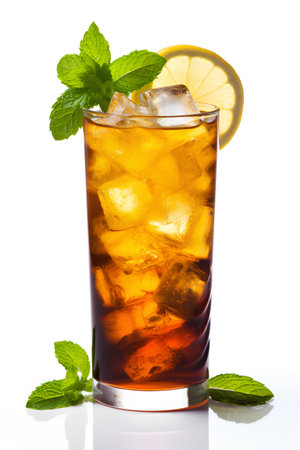 Cuba libre cocktail with ice cubes, mint leaves and lemon slice isolated on white backgroundの素材