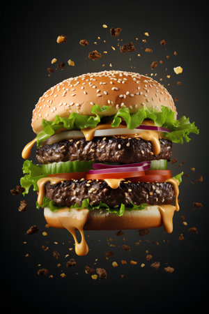 Big tasty hamburger with flying ingredients isolated on black background. 3d illustrationの素材