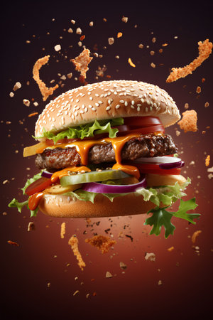 Burger with flying ingredients on a dark background. 3d renderingの素材