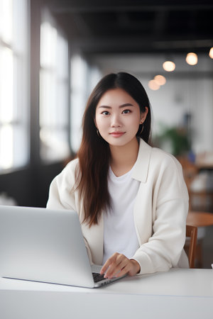 Portrait of young asian businesswoman using laptop in office.の素材