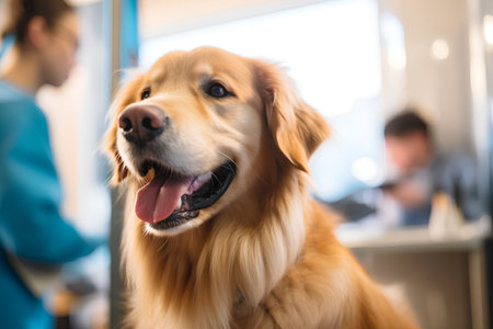 Portrait of a golden retriever dog in a veterinary clinic.の素材
