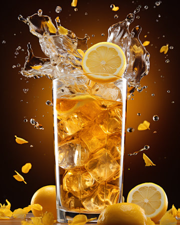 Glass of cola with ice cubes, lemon slices and falling leaves on brown backgroundの素材