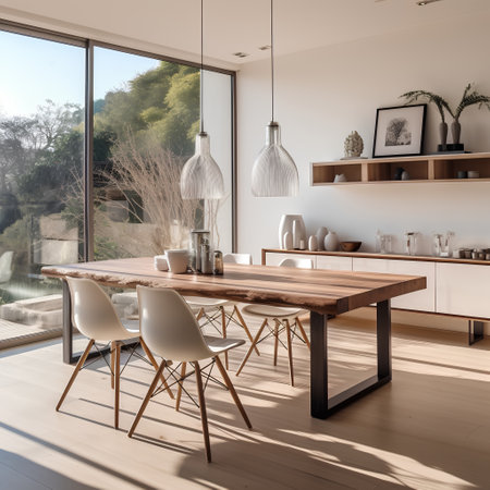 Modern dining room with wooden table and chairs. 3d render.の素材