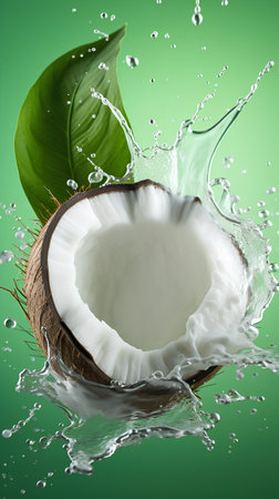 Coconut with water splash on green background. 3d renderingの素材