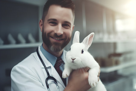 Portrait of a smiling male veterinarian holding a white rabbit in his handsの素材