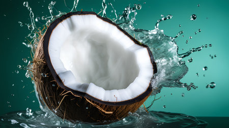 Coconut with water splash on green background. 3d renderingの素材