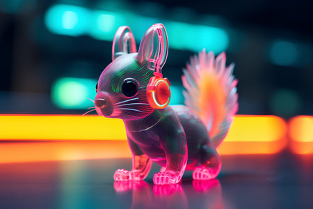 Rabbit with headphones. 3D rendering. Neon light background.の素材