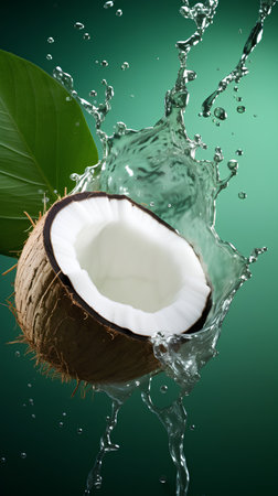 Coconut with water splash on green background. 3d renderingの素材