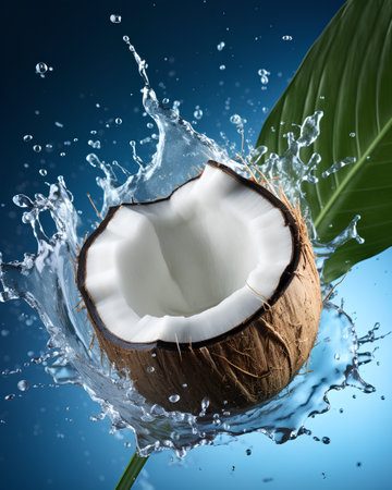 Coconut with water splash on blue background. 3d renderingの素材