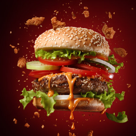 Hamburger with flying ingredients on red background. 3d renderingの素材