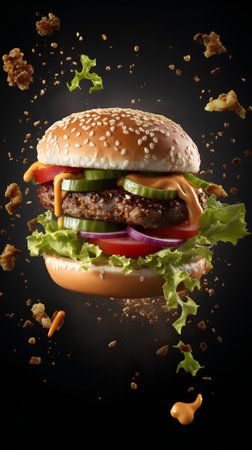 Burger with flying ingredients isolated on black background. 3d renderingの素材